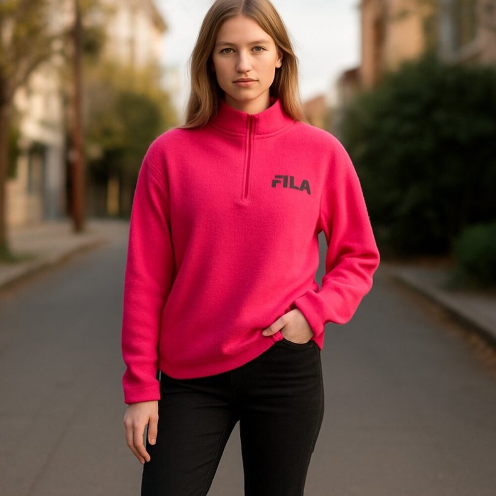 NWT FILA Logo Sherpa 1/4 Zip Pullover  Pink Large y2k